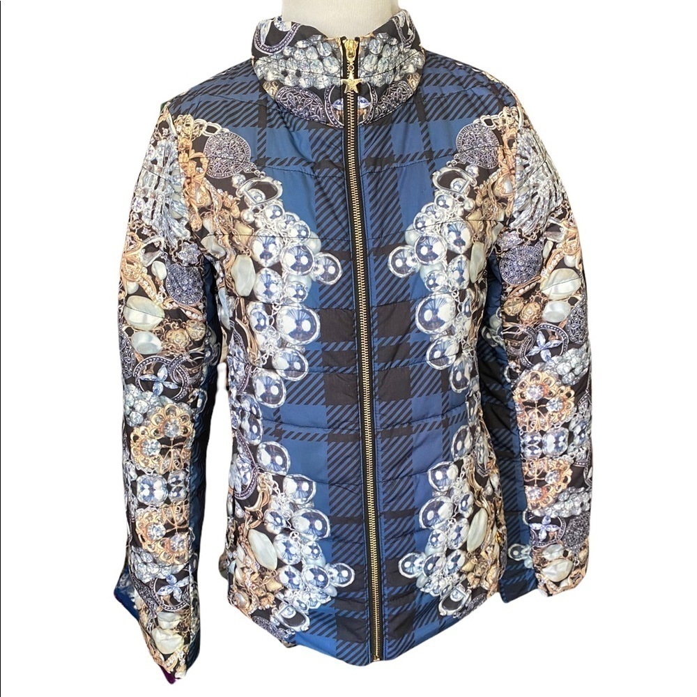 Etoile du Monde Paris Graphic Print Lightweight Puffer Jacket Sz 1 Blue & Black